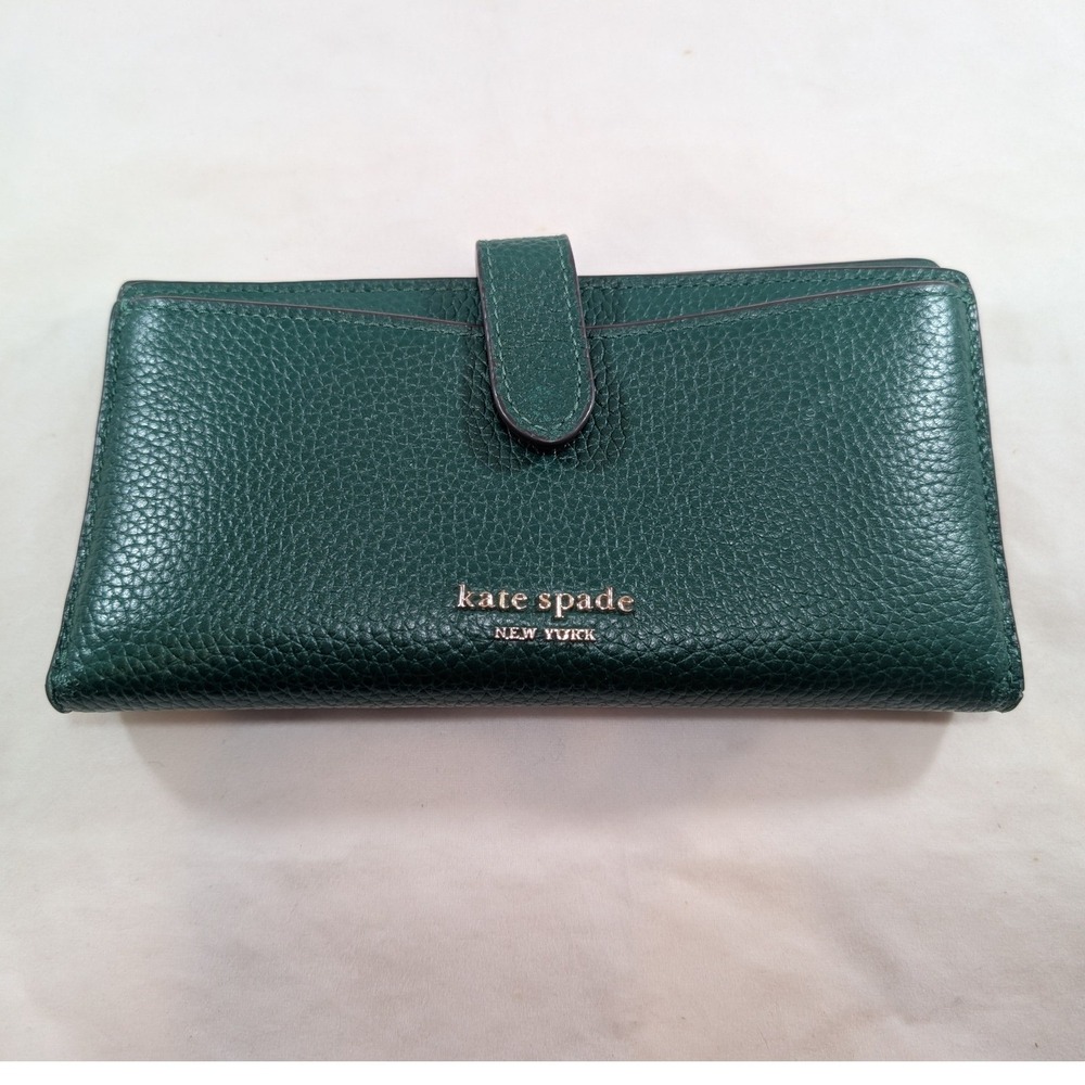 Kate Spade New York Pebbled Leather Bifold Wallet Forest Green Gold Logo